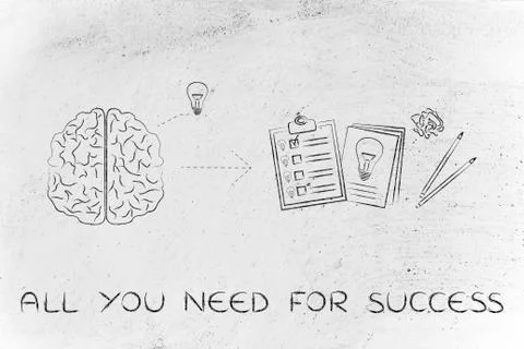 Brain with idea to write down on paper, all you need for success Illustrazione stock