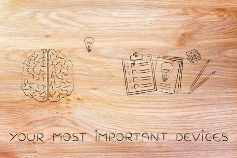 Brain with idea to write down on paper, your most important devices Illustrazione stock