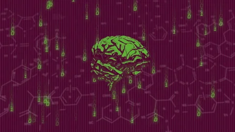 Brain illustration with binary code and molecular structures over red background Stock Footage 303685331