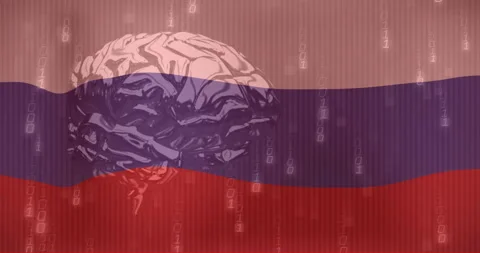 Brain illustration with binary code animation over Russian flag Stock Footage 305526945
