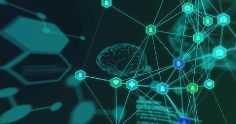 Brain illustration connecting with network nodes, symbolizing AI and data Stock Illustration