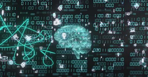 Brain image with binary code and data processing symbols over digital background Stock Illustration