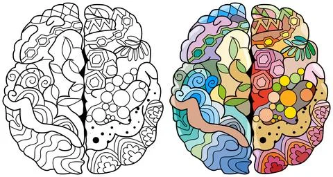 Brain image in zentangle style for coloring. Color and outline set Stock Illustration