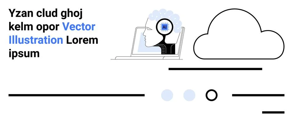 Brain inside a circuit connected to a laptop, cloud symbol, minimal modern el Stock Illustration