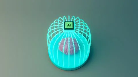 Brain inside a dome as a cage of light strands with an AI microchip at the .. イラスト素材