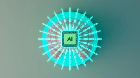 Brain inside a dome as a cage of light strands with an AI microchip at the .. イラスト素材