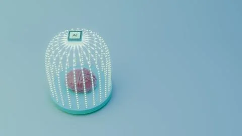 Brain inside a dome as a cage of light strands with an AI microchip at the .. イラスト素材