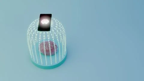 Brain inside a dome of light strands with a smartphone above showing a brai.. イラスト素材