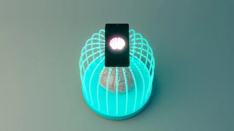 Brain inside a dome of light strands with a smartphone above showing a brai.. Stock Photos