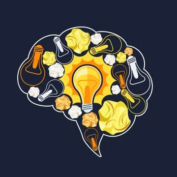 Brain inside glowing light bulb Stock Illustration