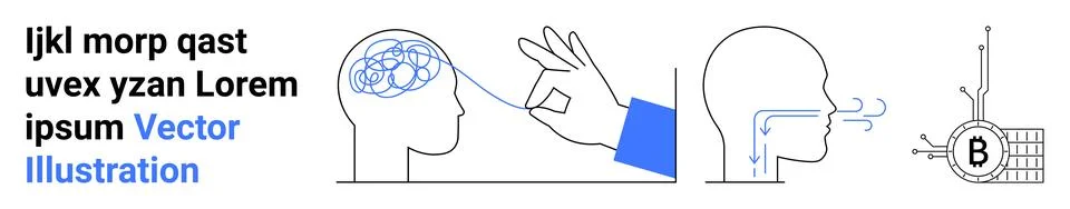 Brain with interconnected neurons, hand holding a string, profile exhaling id Stockillustratie