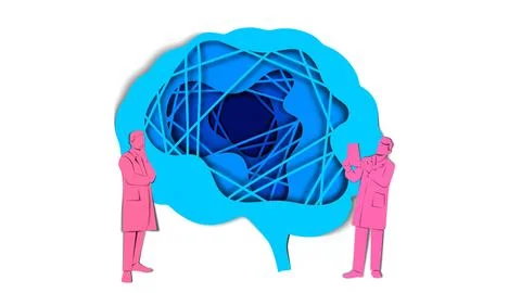 Brain with interconnected strings and two scientists analyzing the network Stock Illustration