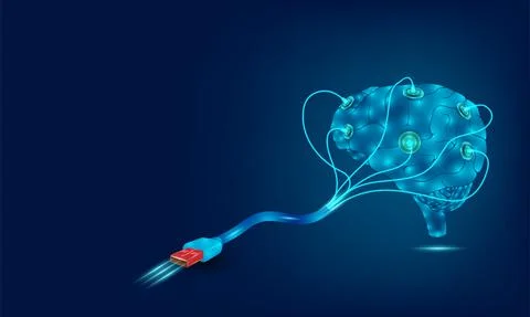 Brain interfaces technology plug and play transfer data to device. vector ill Stock Illustration