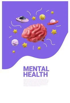 Brain internal organ with galaxy space 3D cartoon vector poster design, abstract Stock Illustration
