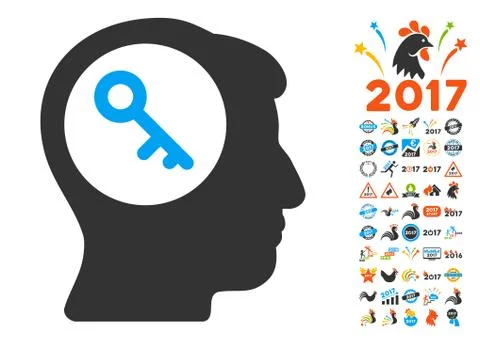 Brain Key Icon With 2017 Year Bonus Pictograms Stock Illustration
