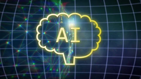 On brain labeled AI appearing, chat bubbles sliding thumbnails passing bits Stock Footage 334337548