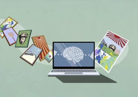 Brain on laptop screen processing images 库存插图