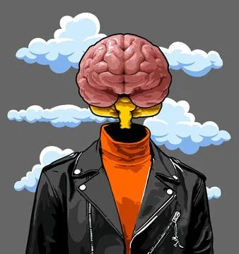 Brain in leather jacket against cloud Stock Illustration