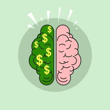 Brain with the left side filled with dollar signs in a green background and.. Stock Illustration