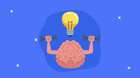 Brain lifting weights with light bulb, symbolizing mental strength and idea.. Stock Footage 334533947