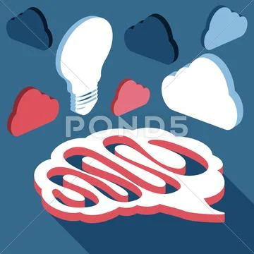 Brain with light bulb and clouds made in 3d Stock Illustration