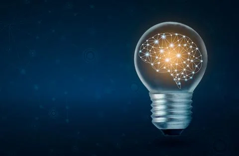Brain light bulb human brain glowing inside of light bulb on dark blue backgr Stock Photos
