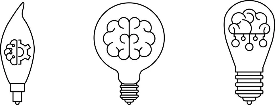 Brain in light bulb icon set. Creative, generating idea, solution vector Stock Illustration