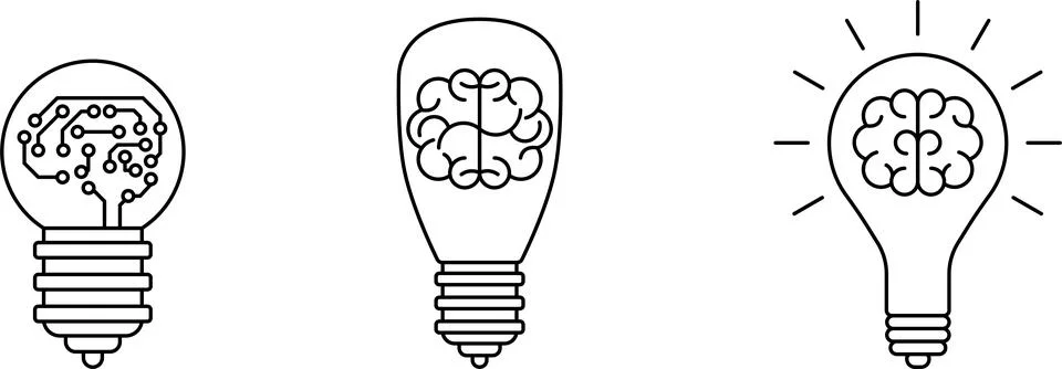 Brain in light bulb icon set. Creative, generating idea, solution vector Stock Illustration