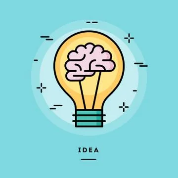 Brain in the light bulb as a metaphor for idea, line flat design banner Stock Illustration