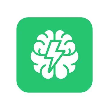 Brain with lightning bolt inside green rounded square for education or busi.. Ilustração Stock