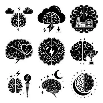 Brain with lightning bolts clouds factory trophy and moon msea set mind ide.. Ilustração Stock