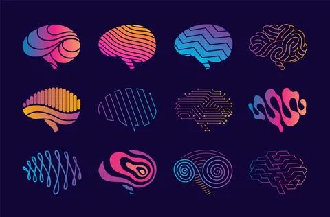Brain logo icons set. Digital symbols template of science innovation, machine Stock Illustration