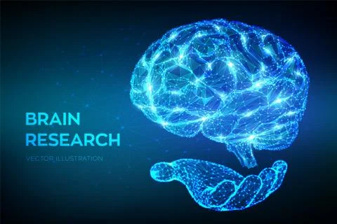 Brain. Low poly abstract digital human brain in hand. Neural network. IQ test 스톡 일러스트