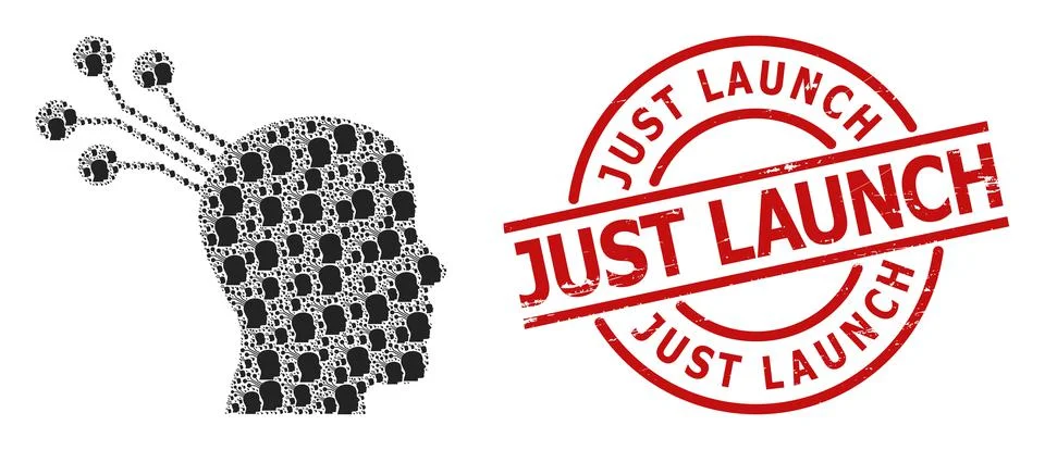Brain Machine Interface Icon Fractal Collage and Distress Just Launch Seal Stock Illustration