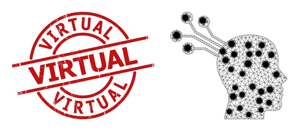 Brain Machine Interface Wire Frame Mesh Pictogram with Virus Parts Illustrazione stock