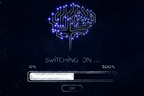 Brain made of electronic circuits with progress bar loading and text Switch.. Illustrazione stock