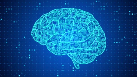 Brain made of glowing circuit board with moving electrons on blue cyberspace Stock Footage 244422391