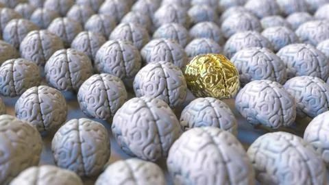 Brain made of gold among the usual ones. Genius, mastermind, talent or education Stock Illustration