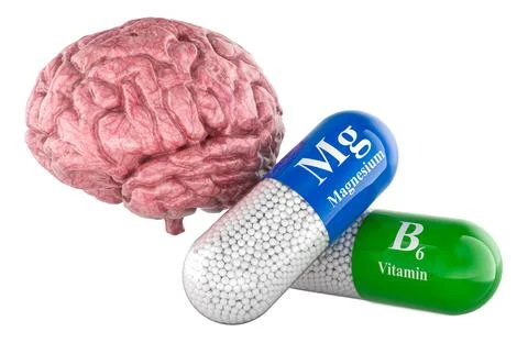 Brain with magnesium and vitamin B6 capsule supplement..Nervous system supp.. Stock Illustration