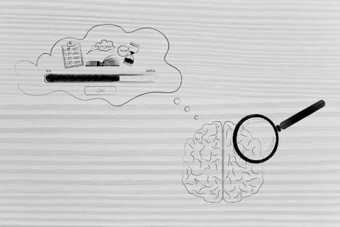 Brain with magnifying glass on it with comic bubble with Memory Loading icon  Stock Illustration