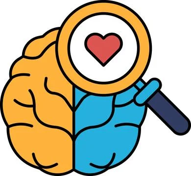A brain with a magnifying glass over it with a heart in the middle Illustrazione stock