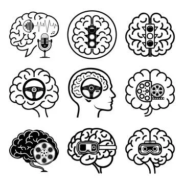 Brain with microphone traffic light steering wheel reel v r headset msea se.. Stock Illustration