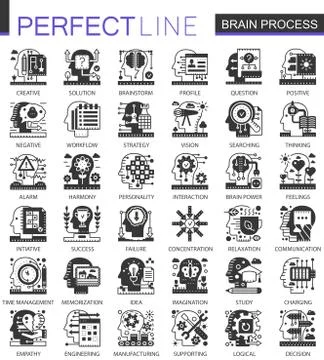 Brain mind process black mini concept icons and infographic symbols set. Stock Illustration