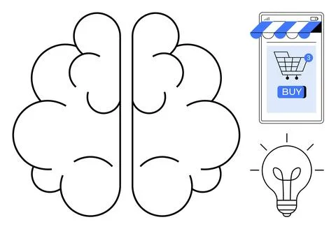 Brain, Mobile Shopping and Lightbulb for eCommerce and Innovation Themes Stock Illustration