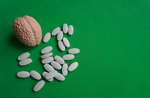 Brain model and tablet spread. Concept of brain diseases Фото