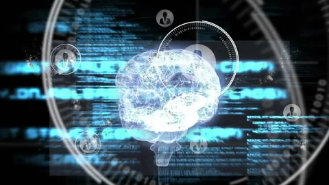 Brain model fading in triggers code scrolling, HUD rings animating, node icons Stock Footage 311885189