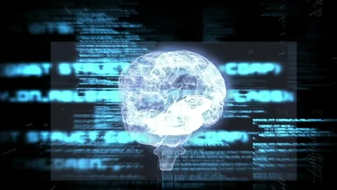 Brain model flickering with code influx, spinning, highlighting neural regions Stock Footage 328097404