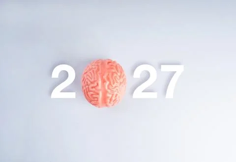 Brain model replaces the zero in 2027, representing cognitive health, menta.. Stockfoto's