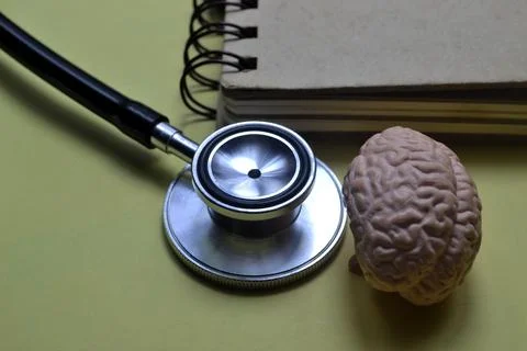 Brain model stethoscope and notebook on yellow surface representing neurolo.. Stock Photos
