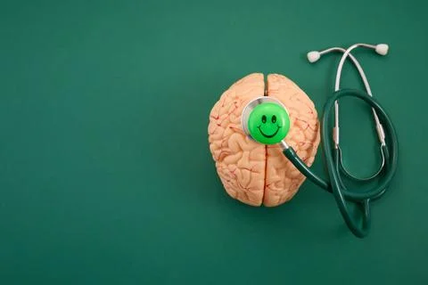 Brain model with stethoscope checking mental health and wellness Stock Photos